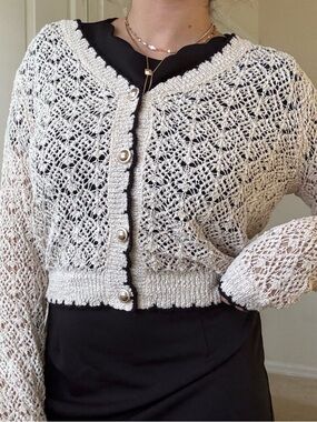 Women’s Cream Open-Knit Cardigan with Black Trim